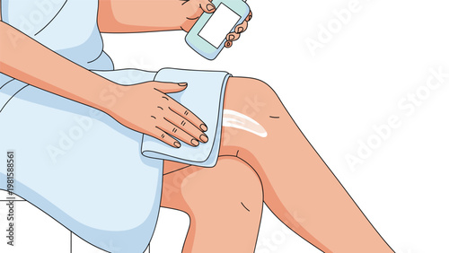 Close up view of a woman applying moisturizing body lotion or cream to her leg after a shower for a healthy and soft skin routine.