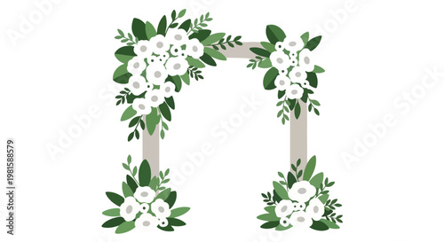 Elegant minimalist wedding arch illustration featuring white flowers and foliage