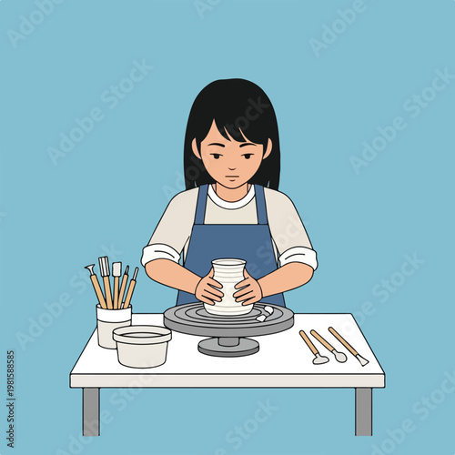 Flat vector of a girl shaping clay on a pottery wheel at a table, blue backdrop