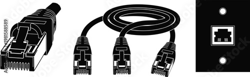 A black and white illustration depicts an ethernet cable connectors and a wall mounted network jack high quality professional detailed modern