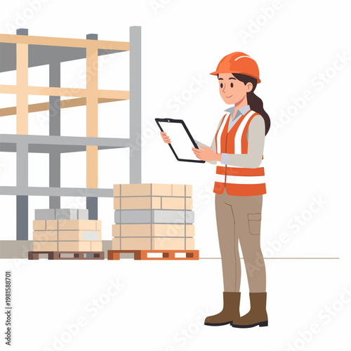 Woman worker in safety vest and helmet checking inventory in stockroom