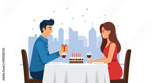 Happy couple at a romantic dinner with cake and gift against city skyline