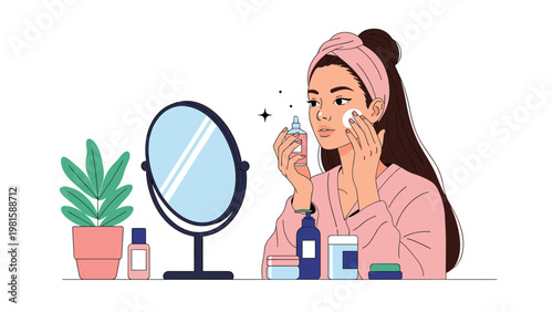 Beautiful woman in a bathrobe performing her daily skincare routine by applying serum or toner to her face in front of a bathroom mirror.