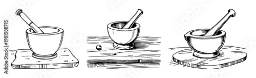 Mortar and pestle set with hand-inked line art design featuring kitchen tools, cooking utensils, spice grinder with wooden texture and a white background