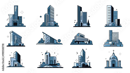 Collection of minimalist modern building icons and architectural skyscraper designs for city planning and real estate business concepts.