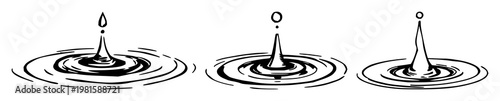 Water droplet set with splash motion and fluid dynamics featuring impact, ripple, surface tension with liquid and clear background