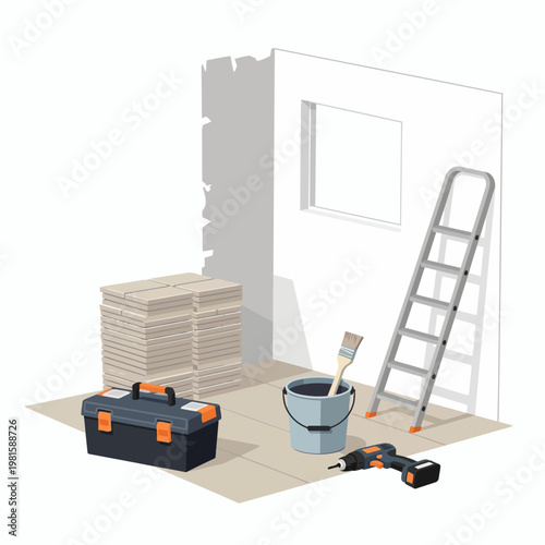 Renovation tools and materials near wall with window and ladder