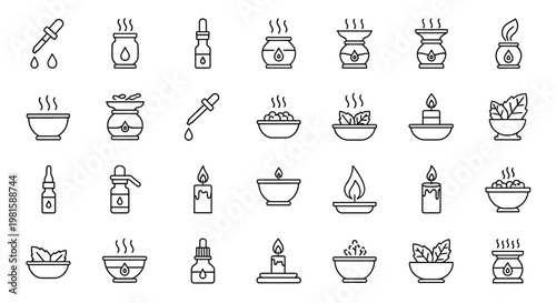 Various Aromatherapy Equipment Icons Line Style.