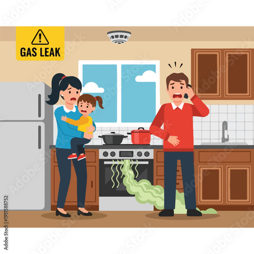 Panicked family in a kitchen during a dangerous gas leak with green vapor smoke