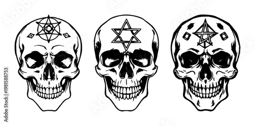 Skull set with sketchy black line art featuring alchemical symbols, occult, esoteric with death and anatomy elements