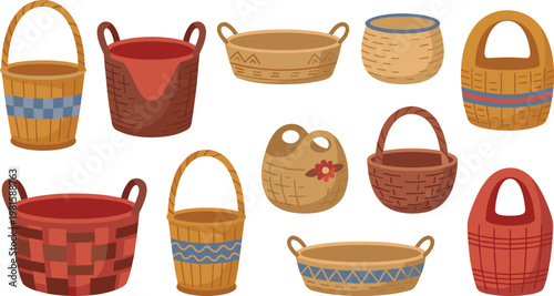 Colorful woven basket collection vector illustration featuring handmade wicker containers in various shapes and patterns for storage, shopping, and home decor design