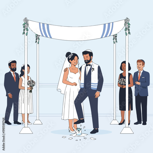 Jewish groom breaking the glass at his wedding ceremony under the floral canopy