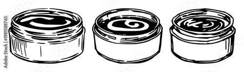 Small tin bottle of green salve set with rough sketchy art featuring green salve, tin bottle, white background with dosage and texture