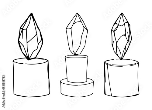 Crystal set with a single glowing crystal on a pedestal and sketchy organic art background featuring crystal, pedestal, glow with white background and illustration