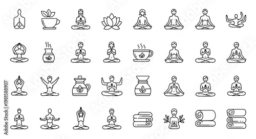 Black line icons of people meditating.
