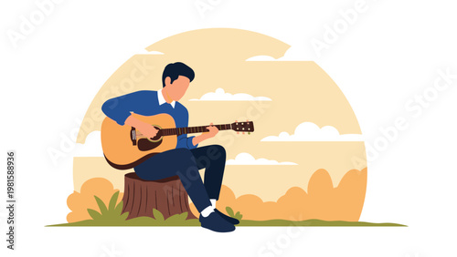 Man sitting on a tree stump and playing an acoustic guitar in a peaceful autumn landscape at sunset for a musical hobby concept.