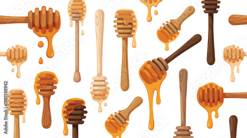 Seamless honey dipper pattern with various wooden sticks and dripping honey vector illustration featuring sweet organic food background in warm tones