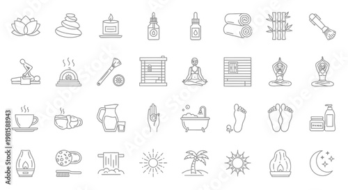 Various icons and symbols line drawings.