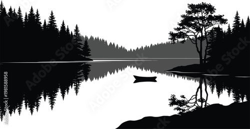 Calm lake reflection with forest and boat silhouette vector illustration
