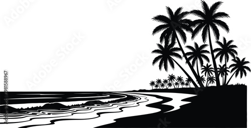 Tropical beach shoreline with palm trees silhouette minimal vector illustration design
