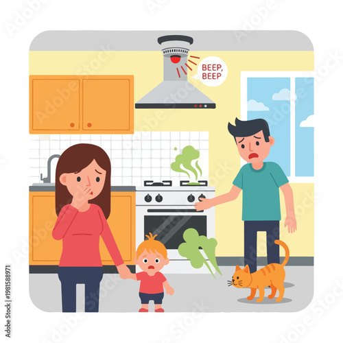 Worried family in kitchen during a gas leak while a smoke detector beeps loudly