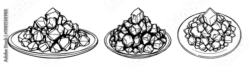 Sulfur crystals set with sketchy organic art pile on plate featuring irregular shapes, light yellow hue, fine crystal facets with mineral texture and geometric patterns