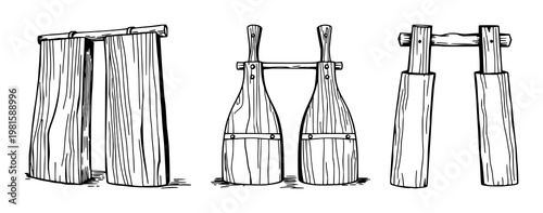 Wooden bellows set with hand-inked line art illustration of a furnace bellows featuring wooden tooling, industrial craft, single-line drawing with white background and black line