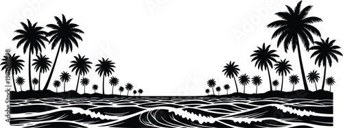Tropical beach waves with palm trees silhouette minimal vector illustration design