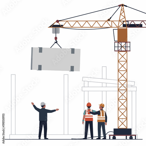 Construction worker guides crane lifting concrete slab for building project