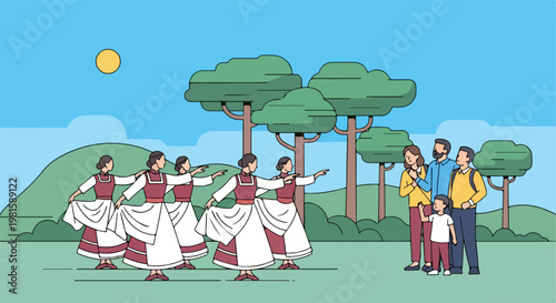 Dancers in traditional folk attire perform for a family outdoors on a sunny day