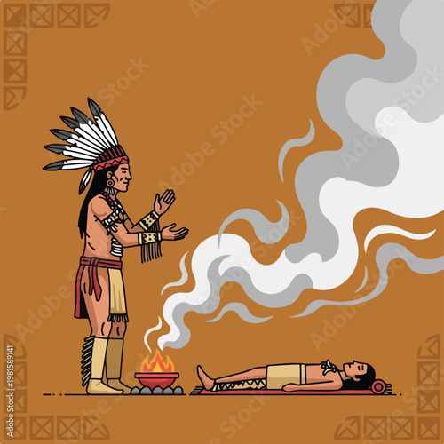 Native American shaman in headdress performs ritual over person with fire smoke