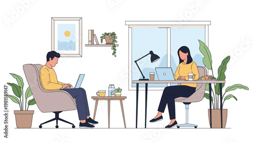 Man and woman working on their laptops in a comfortable modern living room setting that promotes home office productivity.