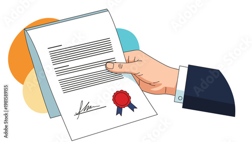 Professional hand holding an official signed legal document with a prestigious red wax seal for certification.