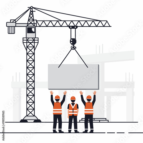 Construction worker lifting a concrete slab with a tall crane