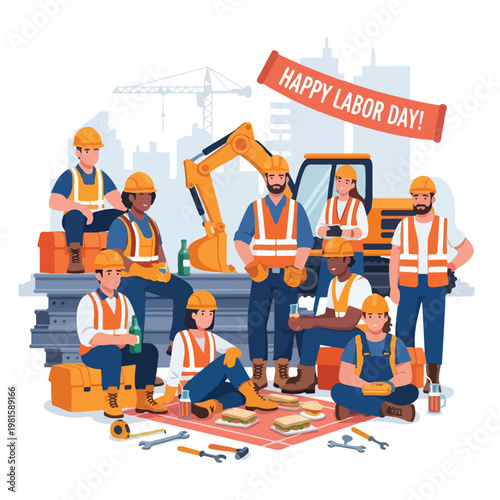 Diverse construction crew celebrating Labor Day with a picnic at building site