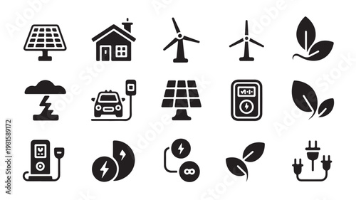Renewable Energy Icons Set for Green Power and Sustainability Concepts