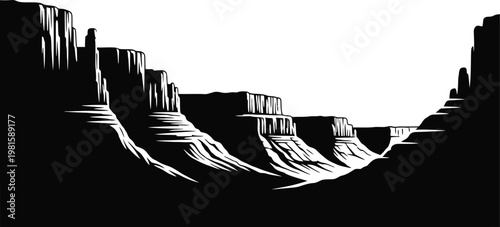 Grand Canyon Cliffs Valley Silhouette Vector Landscape Nature Scenic Background Illustration