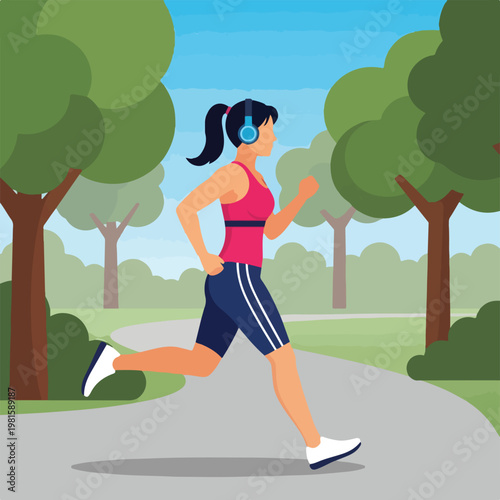 Young woman jogging on a park path wearing pink tank top, shorts and headphones