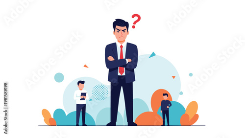 Frustrated businessman standing with crossed arms and a question mark representing confusion or difficult decisions.
