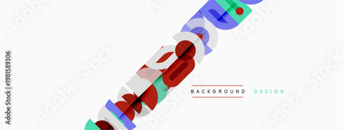 Abstract geometric shapes overlap, creating dynamic visual effect. White background enhances colorful design elements. Modern, sleek presentation.