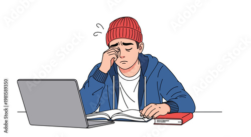 Exhausted male student in a beanie rubs his eyes while working at a laptop desk