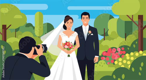 Flat illustration of a photographer capturing a happy bride and groom in a park