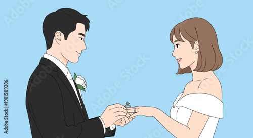 Illustration of a groom putting a ring on the bride's finger against light blue