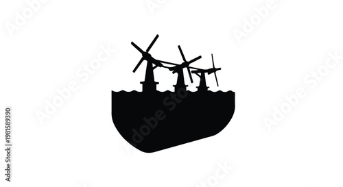 black silhouette of cargo ship with wind turbines