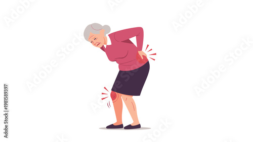 Elderly woman suffering from chronic back and knee pain indicated by red circular zones while she bends over in discomfort.
