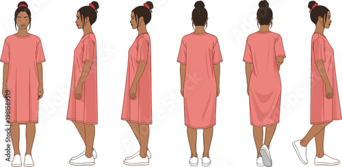 Fashion technical flat illustration of a woman wearing a pink midi t-shirt dress shown from front side and back views for design.