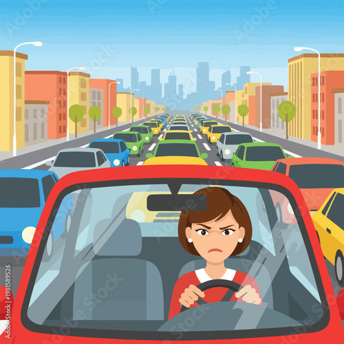 Frustrated woman driving a red car in a heavy city traffic jam during rush hour