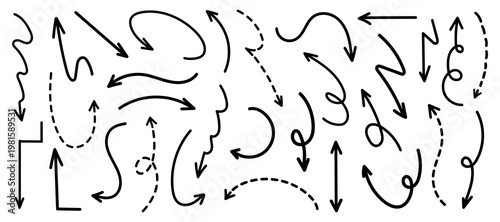 A collection of various arrows, including curved, straight, and dashed arrows. These arrows are black and feature different styles and directions. Doodle arrow vector set.