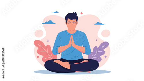 Calm man practicing mindfulness meditation in a lotus pose surrounded by soft abstract floral shapes and fluffy clouds.