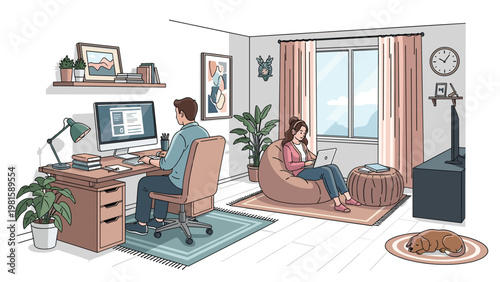 Creative couple sharing a home workspace with one person at a desk and another relaxing on a beanbag with a laptop.